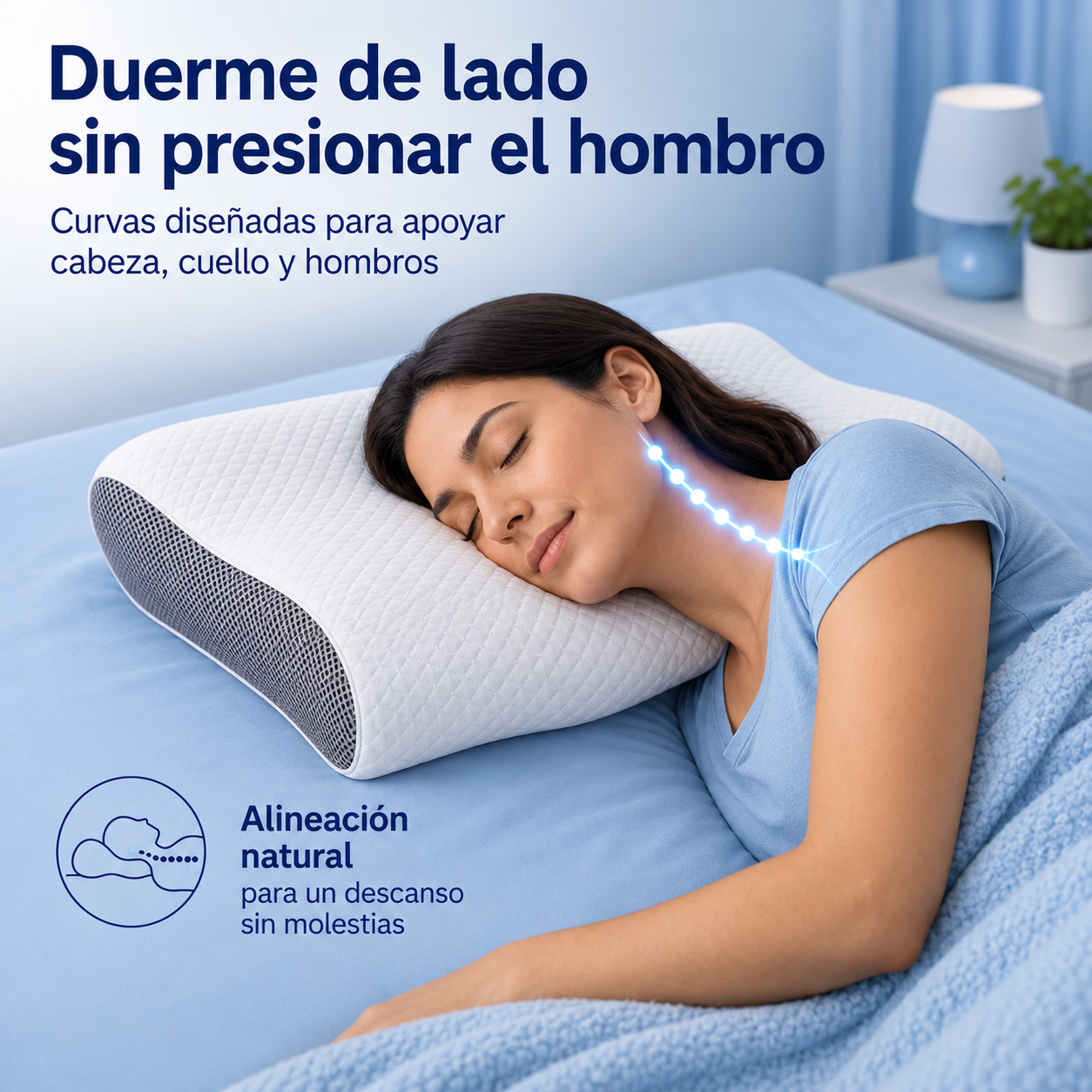 Almohada cervical, sueño cómodo, espuma viscoelástica ergonómica.