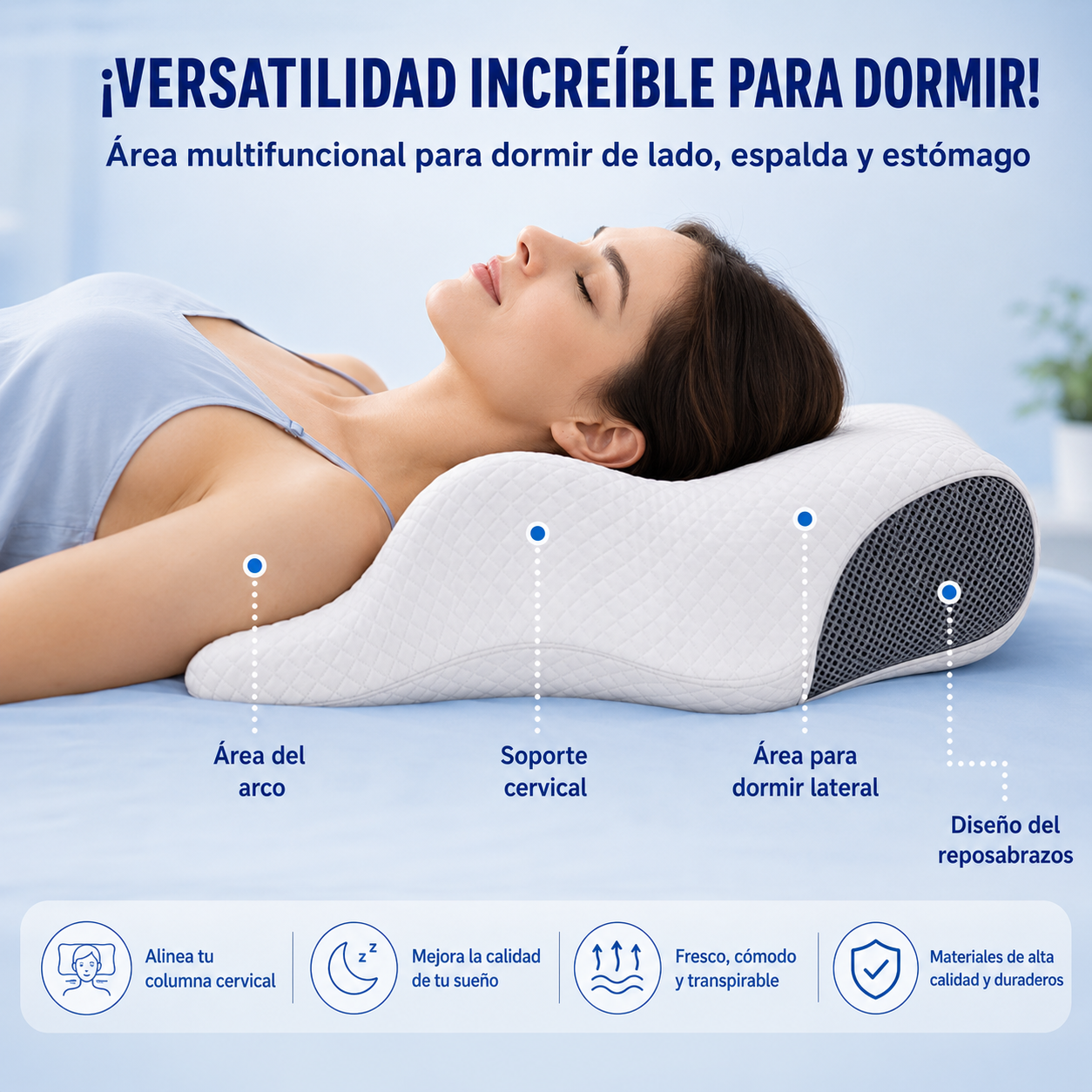 Almohada cervical, sueño cómodo, espuma viscoelástica ergonómica.