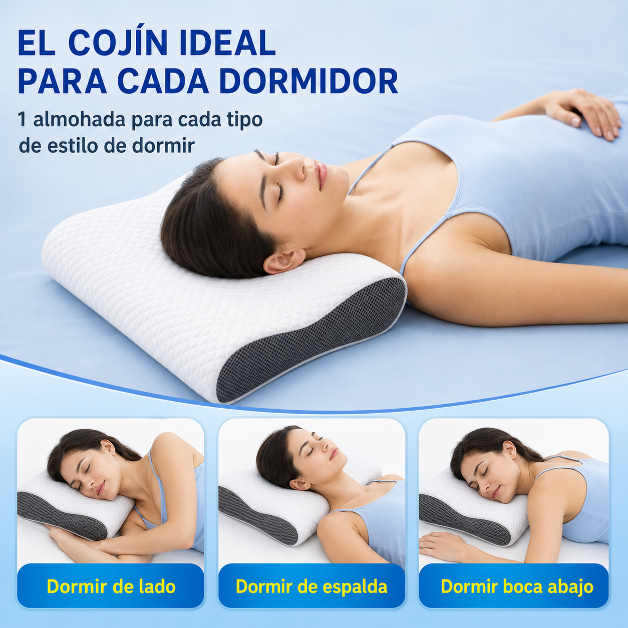 Almohada cervical, sueño cómodo, espuma viscoelástica ergonómica.