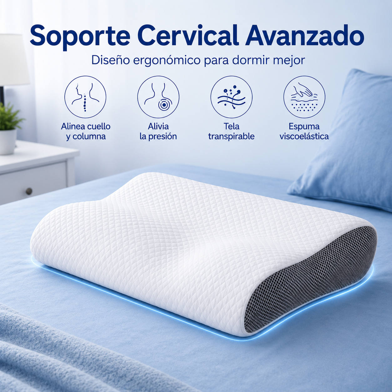 Almohada cervical, sueño cómodo, espuma viscoelástica ergonómica.